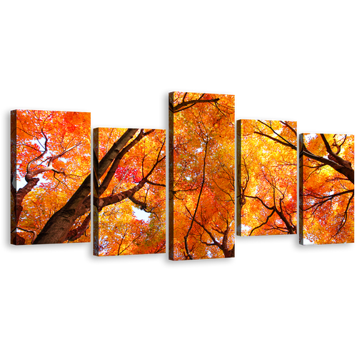 Amazing Forest Print, Looking Up Red Trees Canvas Set, Orange Trees Brunches 5 Piece Wall Art