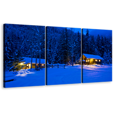 Load image into Gallery viewer, Amazing Forest Wall Art, Blue Snowy Forest Trees Scenery Multi Canvas, Yellow Cabin Lights at Night 3 Piece Canvas Print
