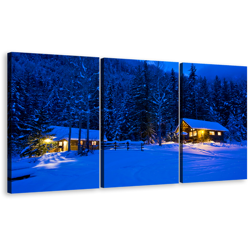 Amazing Forest Wall Art, Blue Snowy Forest Trees Scenery Multi Canvas, Yellow Cabin Lights at Night 3 Piece Canvas Print