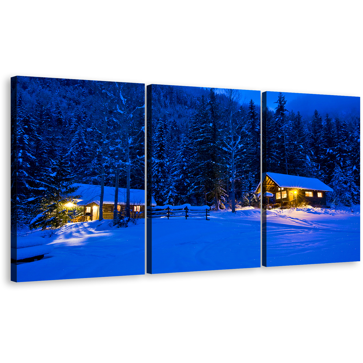 Amazing Forest Wall Art, Blue Snowy Forest Trees Scenery Multi Canvas, Yellow Cabin Lights at Night 3 Piece Canvas Print