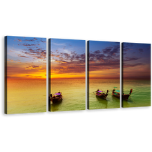 Load image into Gallery viewer, Amazing Sailboats Wall Art, Orange Sunset Sky Ocean 4 Piece Canvas Print, Green Thailand Seascape Boats Canvas Set
