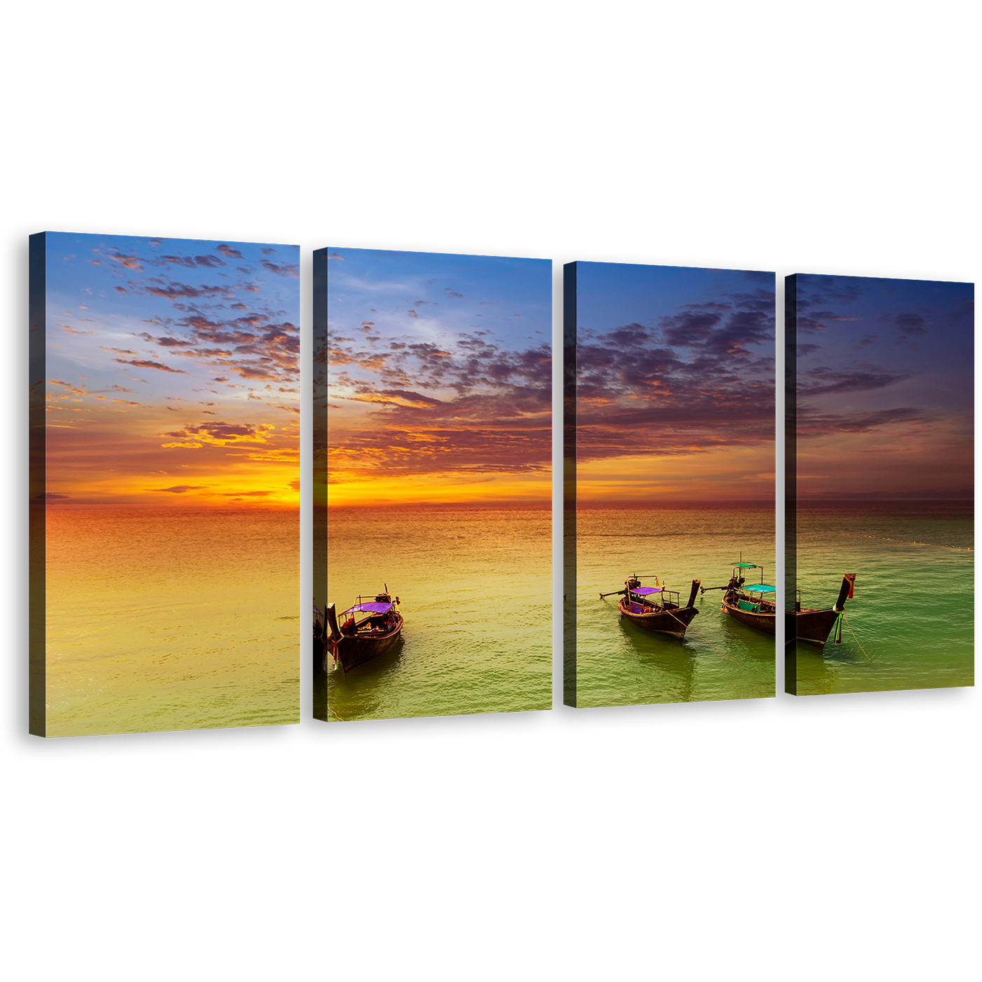 Amazing Sailboats Wall Art, Orange Sunset Sky Ocean 4 Piece Canvas Print, Green Thailand Seascape Boats Canvas Set