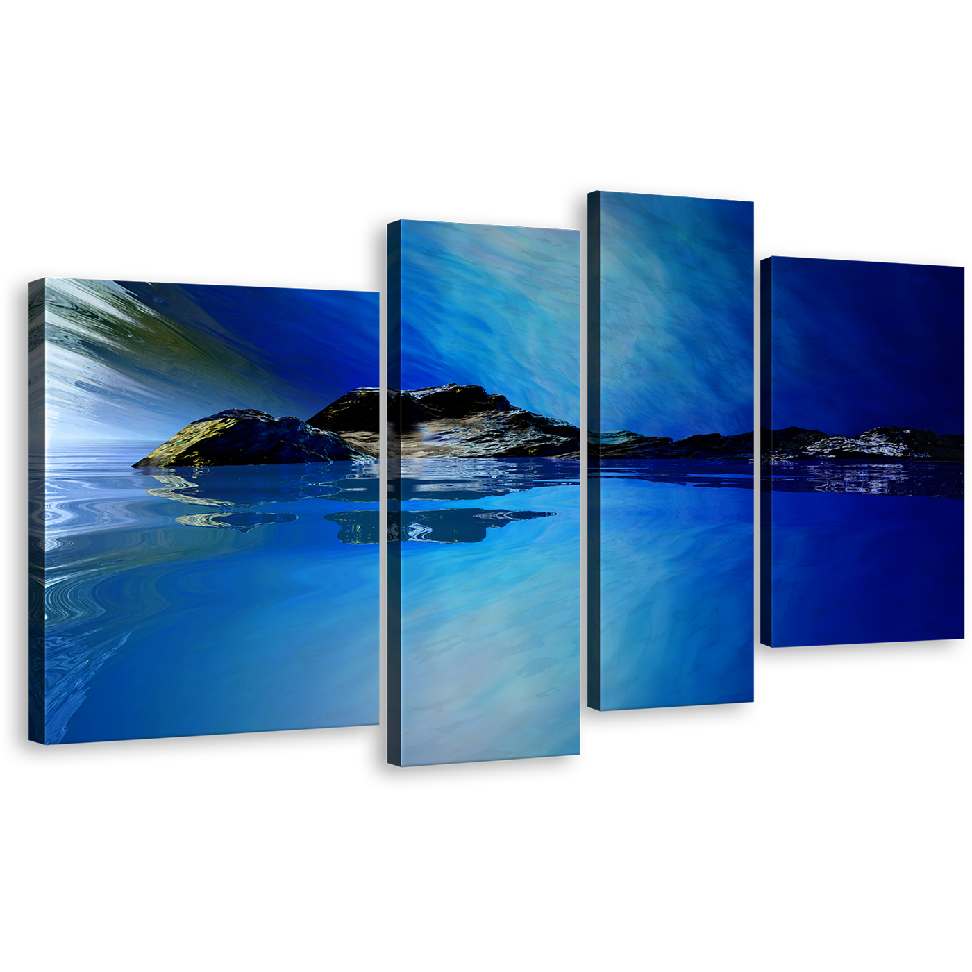 Amazing Sea Canvas Print, 3D Contemporary Black Ocean Mountain Canvas Set, Blue Sky Landscape 4 Piece Wall Art