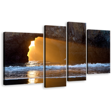 Load image into Gallery viewer, Amazing Sea Canvas Print, Yellow Sunlight Streaming Through Rocks 4 Piece Canvas Set, Blue Ocean Rocks Dark Cave Wall Art
