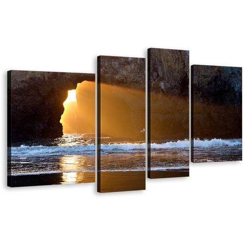 Amazing Sea Canvas Print, Yellow Sunlight Streaming Through Rocks 4 Piece Canvas Set, Blue Ocean Rocks Dark Cave Wall Art