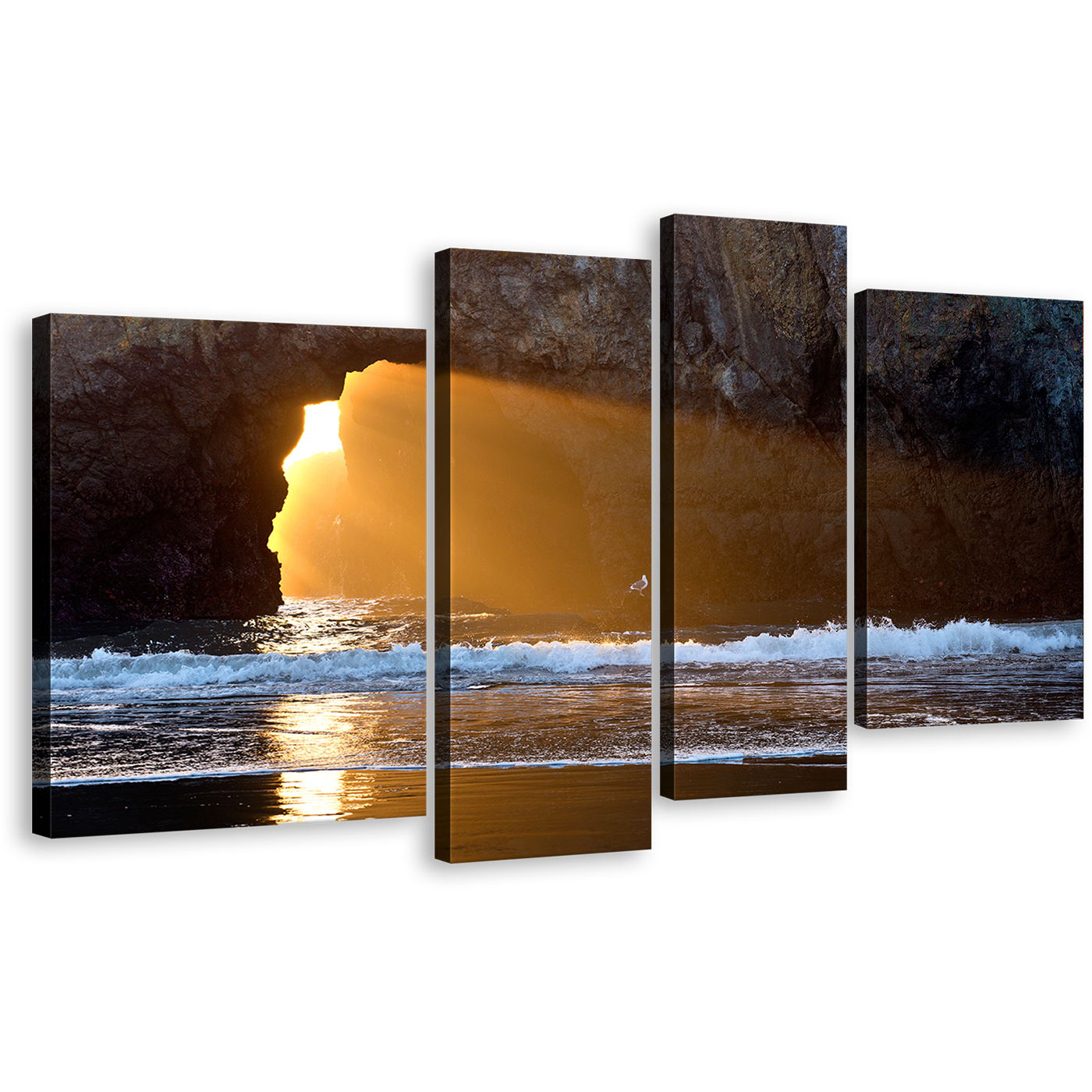 Amazing Sea Canvas Print, Yellow Sunlight Streaming Through Rocks 4 Piece Canvas Set, Blue Ocean Rocks Dark Cave Wall Art