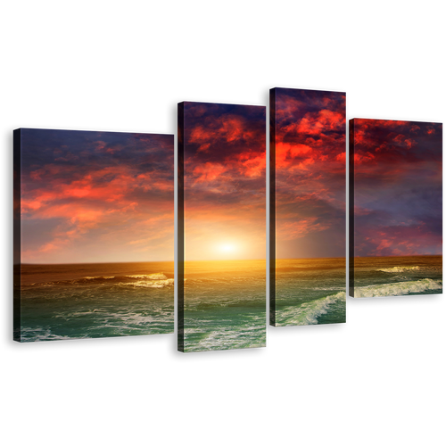 Amazing Seascape Canvas Print, Indian Ocean Orange Sunset 4 Piece Canvas Set, Blue Beach Scene Wall Art