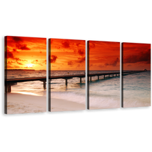 Load image into Gallery viewer, Amazing Sunset Canvas Print, Twilight Ocean Pier Canvas Wall Art, Ocean Red Yellow Sky 4 Piece Canvas
