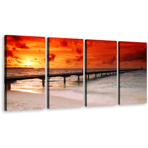 Amazing Sunset Canvas Print, Twilight Ocean Pier Canvas Wall Art, Ocean Red Yellow Sky 4 Piece Canvas