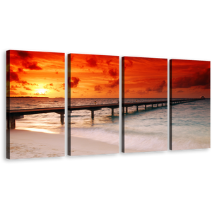 Amazing Sunset Canvas Print, Twilight Ocean Pier Canvas Wall Art, Ocean Red Yellow Sky 4 Piece Canvas
