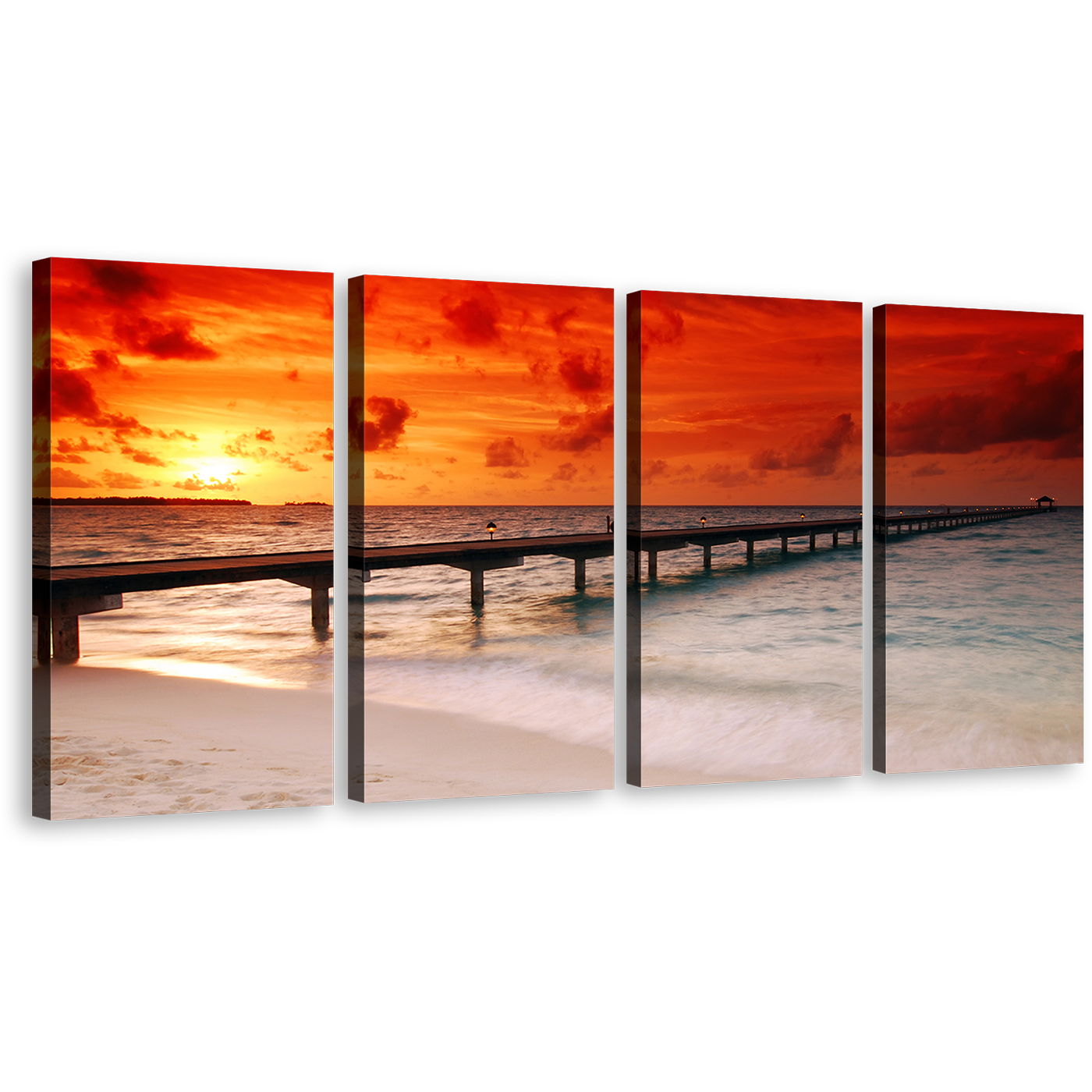 Amazing Sunset Canvas Print, Twilight Ocean Pier Canvas Wall Art, Ocean Red Yellow Sky 4 Piece Canvas