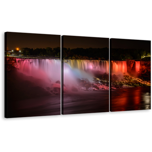 Amazing Waterfall Canvas Print, Canada Niagara Falls 3 Piece Canvas Set, Red Orange Waterfall at Night Wall Art