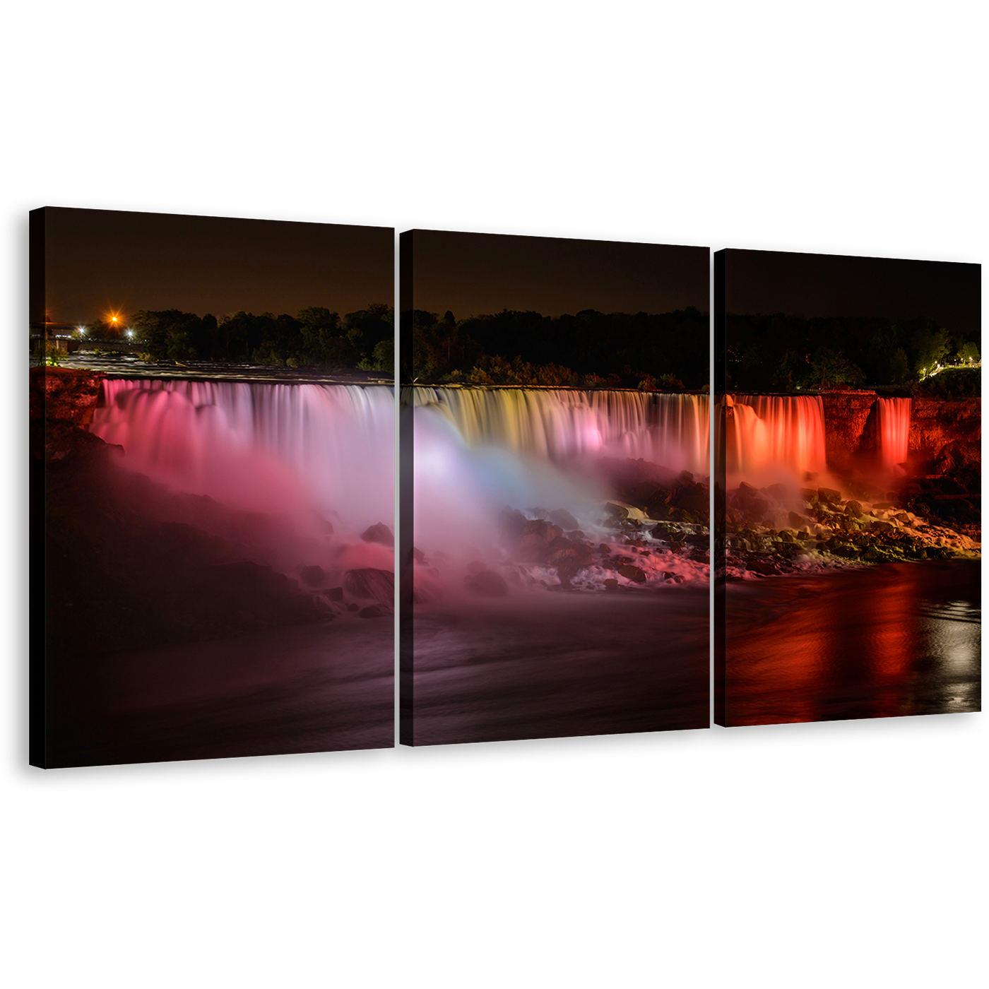 Amazing Waterfall Canvas Print, Canada Niagara Falls 3 Piece Canvas Set, Red Orange Waterfall at Night Wall Art