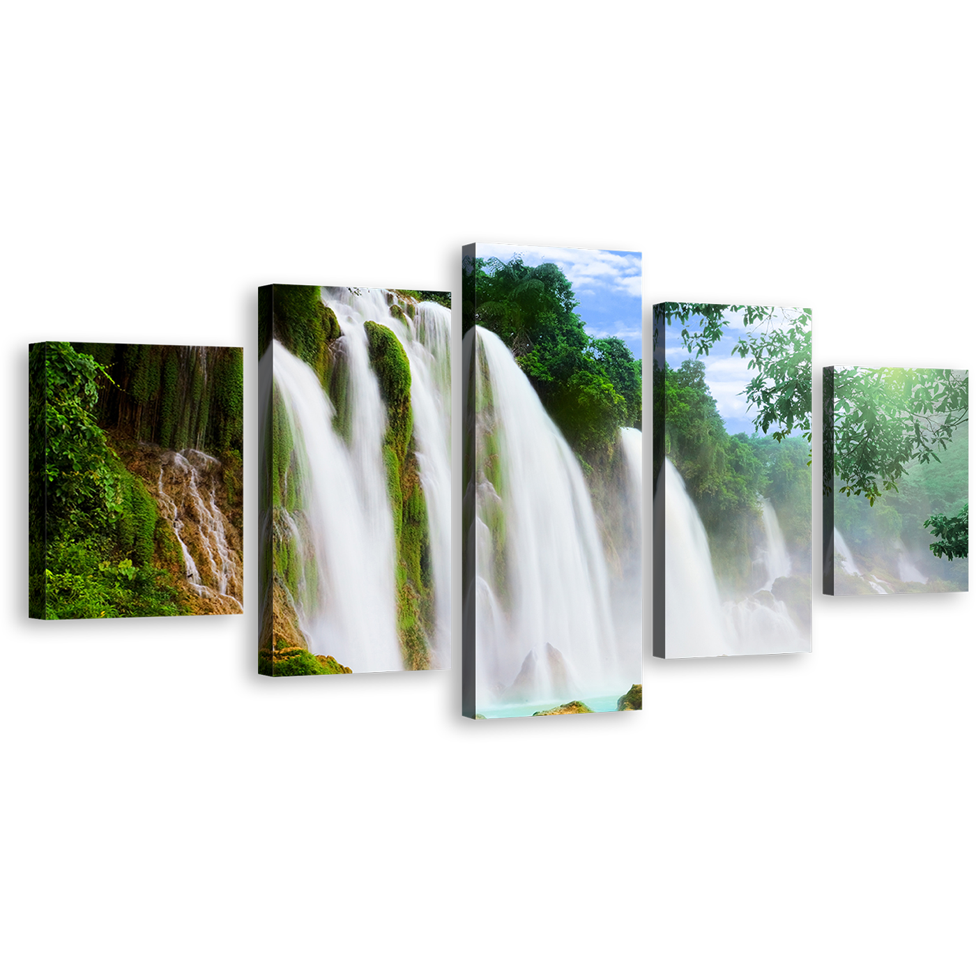 Amazing Waterfall Canvas Print, Green Nature Scenery Multi Canvas Artwork, Blue Waterfall Forest 5 Piece Canvas Print