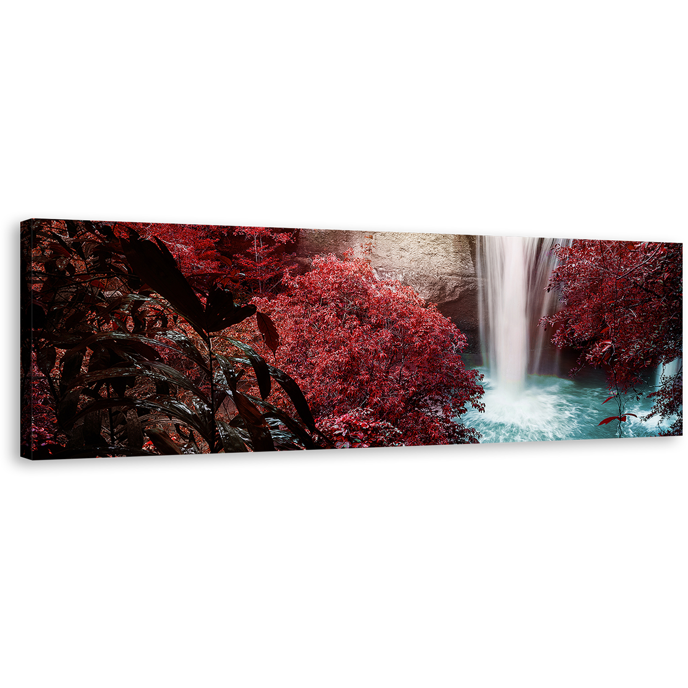 Amazing Waterfall Canvas Print, Red Green Trees Scenery Waterfall Canvas, Beautiful Forest Waterfall Nature 1 Piece Canvas Wall Art