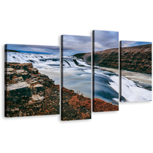 Load image into Gallery viewer, Amazing Waterfall Canvas Wall Art, Blue Gullfoss Waterfall Iceland 4 Piece Multi Canvas Artwork, White Hvita River Canvas Print
