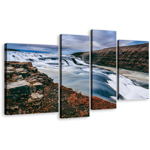 Amazing Waterfall Canvas Wall Art, Blue Gullfoss Waterfall Iceland 4 Piece Multi Canvas Artwork, White Hvita River Canvas Print