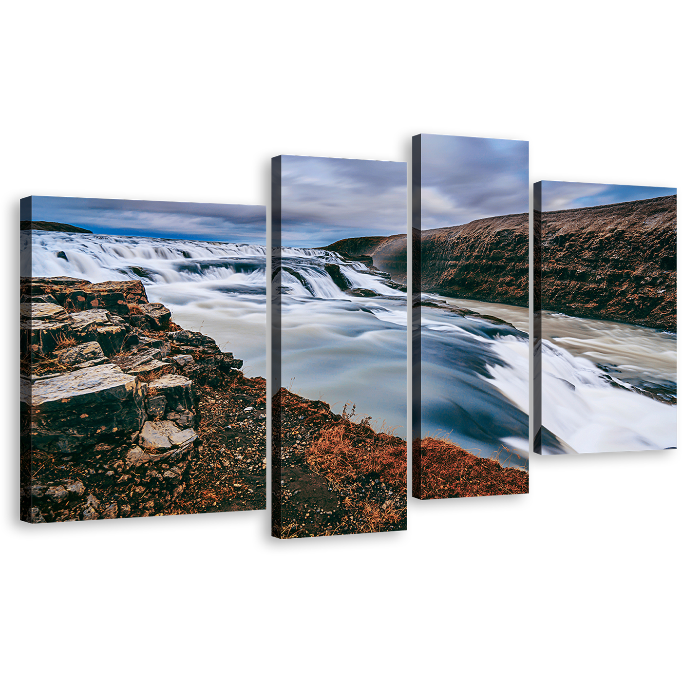 Amazing Waterfall Canvas Wall Art, Blue Gullfoss Waterfall Iceland 4 Piece Multi Canvas Artwork, White Hvita River Canvas Print