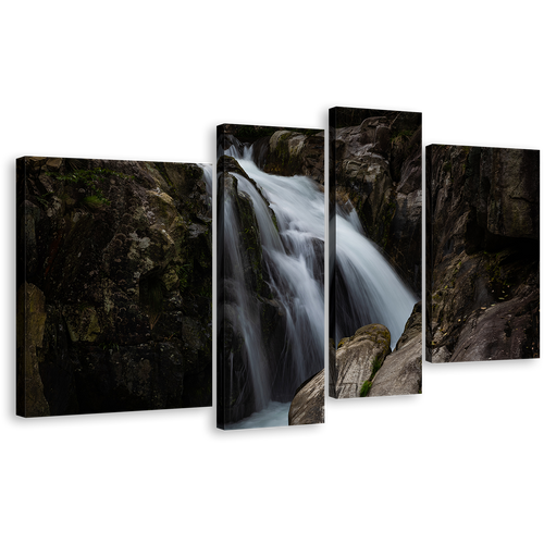 Amazing Waterfall Canvas Wall Art, Brown Mountain Waterfall Canvas Print, Beautiful White Waterfall 4 Piece Multiple Canvas