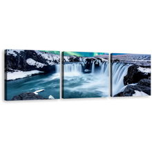 Load image into Gallery viewer, Amazing Waterfall Canvas Wall Art, Green Blue Northern Lights Waterfall 3 Piece Canvas, Beautiful Gofafoss Waterfall Skjalfandafljot River Canvas Print
