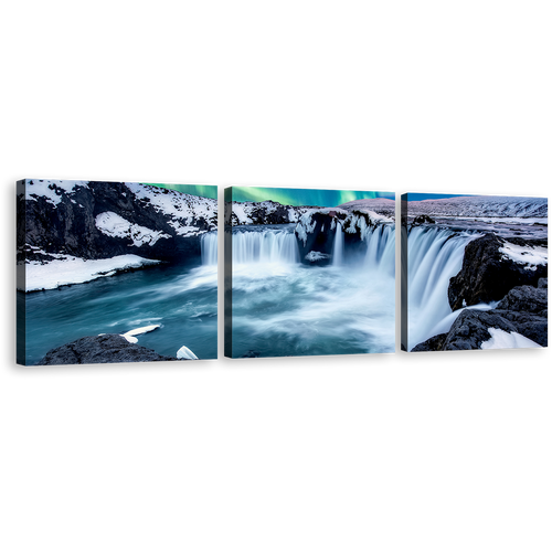 Amazing Waterfall Canvas Wall Art, Green Blue Northern Lights Waterfall 3 Piece Canvas, Beautiful Gofafoss Waterfall Skjalfandafljot River Canvas Print