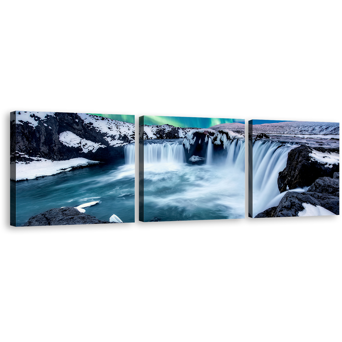 Amazing Waterfall Canvas Wall Art, Green Blue Northern Lights Waterfall 3 Piece Canvas, Beautiful Gofafoss Waterfall Skjalfandafljot River Canvas Print