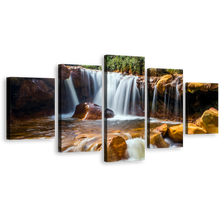 Load image into Gallery viewer, Amazing Waterfall Canvas Wall Art, Jinguash Golden Waterfall Rocks Canvas Print, Beautiful Taiwan White Waterfall 5 Piece Multi Canvas Artwork
