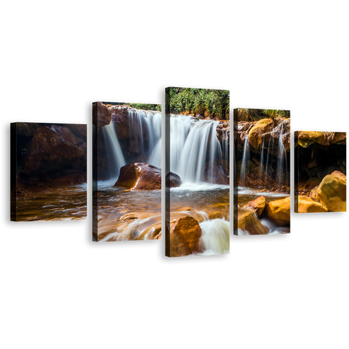 Amazing Waterfall Canvas Wall Art, Jinguash Golden Waterfall Rocks Canvas Print, Beautiful Taiwan White Waterfall 5 Piece Multi Canvas Artwork