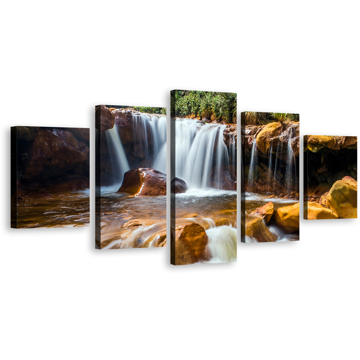 Amazing Waterfall Canvas Wall Art, Jinguash Golden Waterfall Rocks Canvas Print, Beautiful Taiwan White Waterfall 5 Piece Multi Canvas Artwork