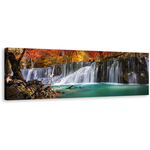 Amazing Waterfall Canvas Wall Art, Majestic Waterfall Scenery Canvas Artwork, Colorful Autumn Forest Waterfall Panoramic Canvas Print