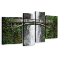 Load image into Gallery viewer, Amazing Waterfall Canvas Wall Art, Multnomah Creek Waterfall Green Forest Multiple Canvas, White Columbia River Gorge Waterfall 4 Piece Canvas Print
