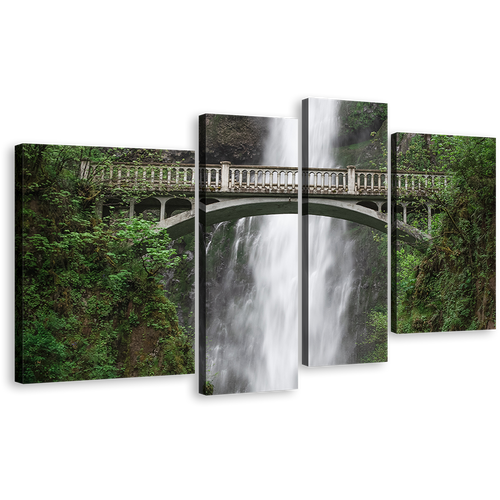 Amazing Waterfall Canvas Wall Art, Multnomah Creek Waterfall Green Forest Multiple Canvas, White Columbia River Gorge Waterfall 4 Piece Canvas Print