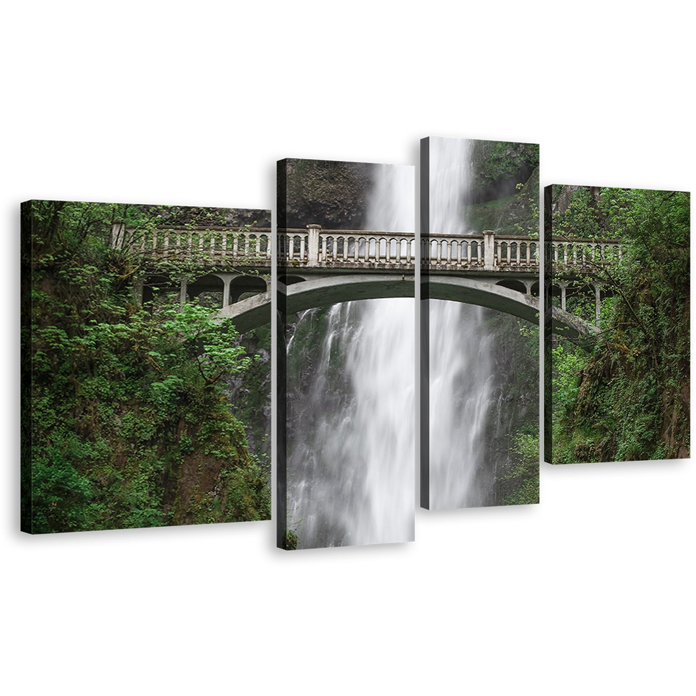 Amazing Waterfall Canvas Wall Art, Multnomah Creek Waterfall Green Forest Multiple Canvas, White Columbia River Gorge Waterfall 4 Piece Canvas Print