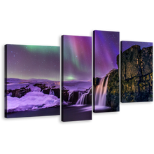 Load image into Gallery viewer, Amazing Waterfall Wall Art, Night Gold Mountain River Multi Canvas, Kirkjufellsfoss Northern Purple Lights 4 Piece Canvas Print
