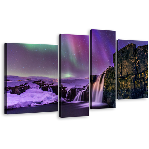 Amazing Waterfall Wall Art, Night Gold Mountain River Multi Canvas, Kirkjufellsfoss Northern Purple Lights 4 Piece Canvas Print