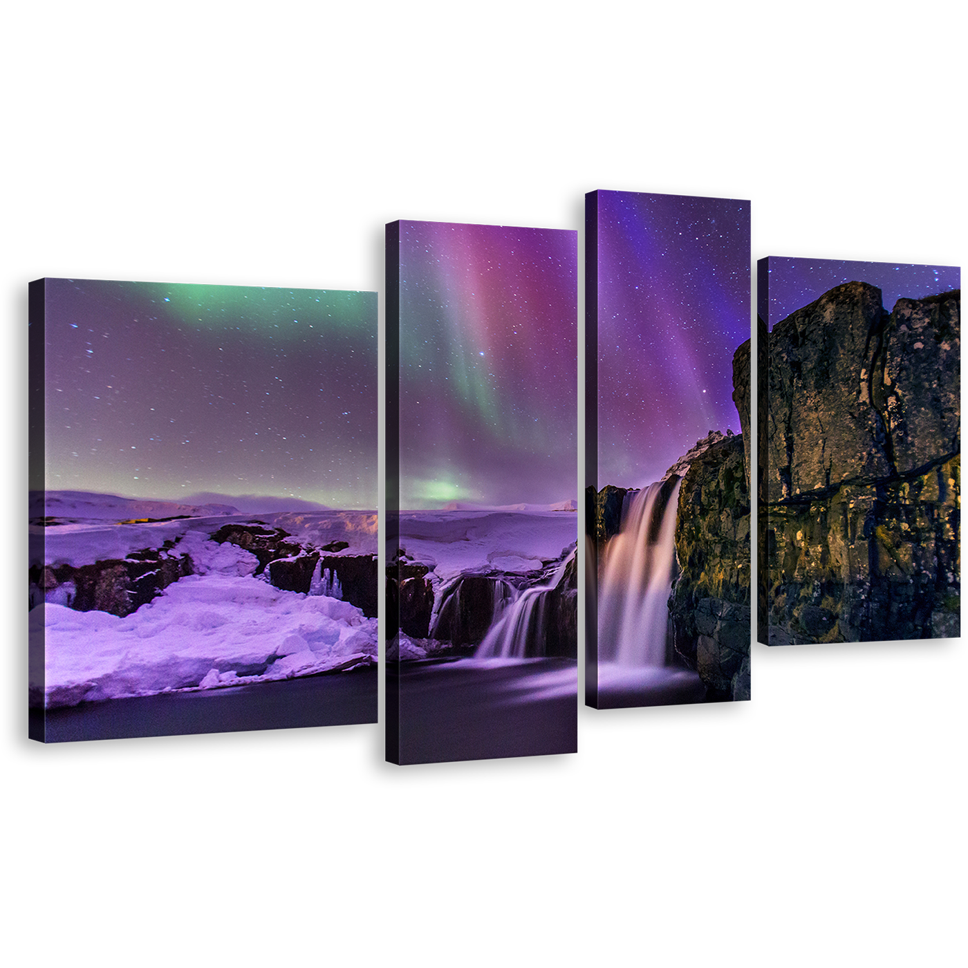 Amazing Waterfall Wall Art, Night Gold Mountain River Multi Canvas, Kirkjufellsfoss Northern Purple Lights 4 Piece Canvas Print