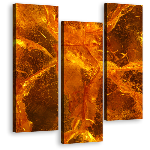 Amber Stone Canvas Wall Art, Gemstone Close Up Contemporary Multiple Canvas, Orange Brown Amber Stone 3 Piece Canvas Print