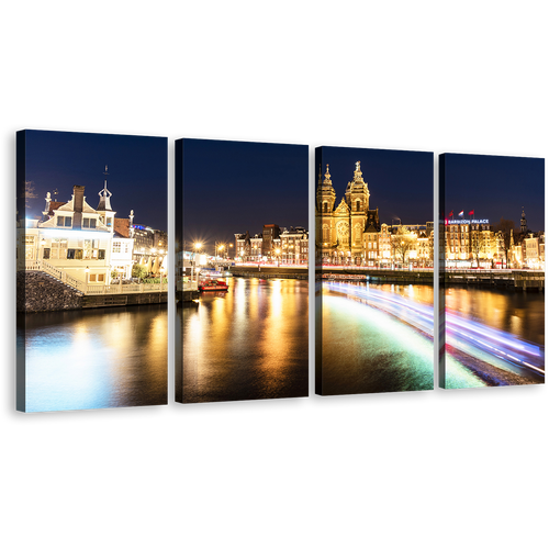 Amsterdam Central Canvas Wall Art, Blue Sky Damrak Harbors Canals 4 Piece Canvas, Yellow City Lights Water Reflection Canvas Print