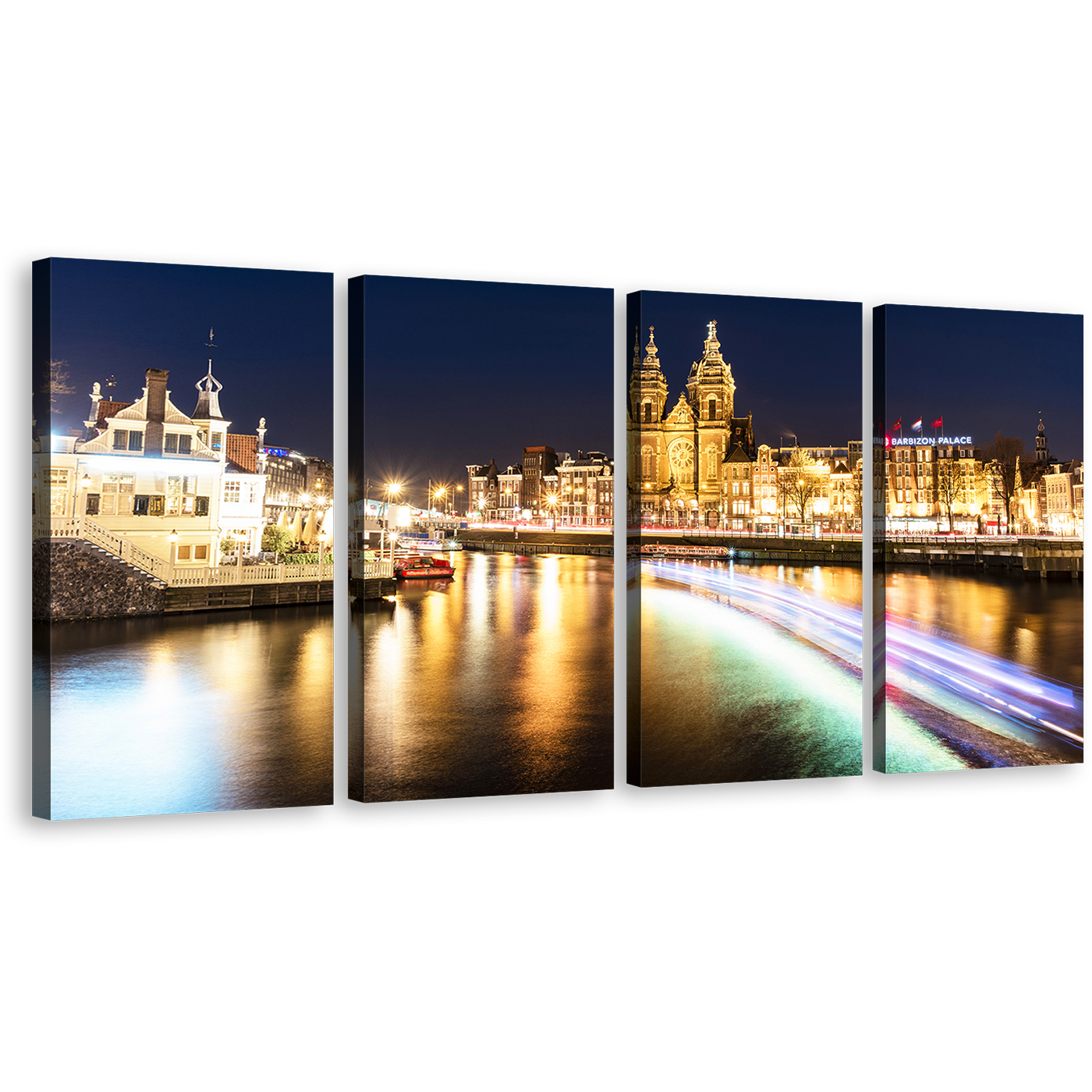 Amsterdam Central Canvas Wall Art, Blue Sky Damrak Harbors Canals 4 Piece Canvas, Yellow City Lights Water Reflection Canvas Print