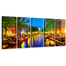 Load image into Gallery viewer, Amsterdam City Canvas Wall Art, Beautiful Netherlands Harbor Reflection 5 Piece Canvas Print, Colorful Evening Canal View Canvas Set
