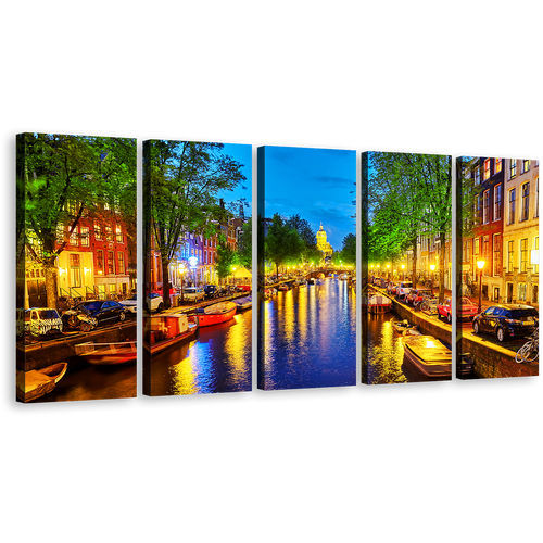 Amsterdam City Canvas Wall Art, Beautiful Netherlands Harbor Reflection 5 Piece Canvas Print, Colorful Evening Canal View Canvas Set