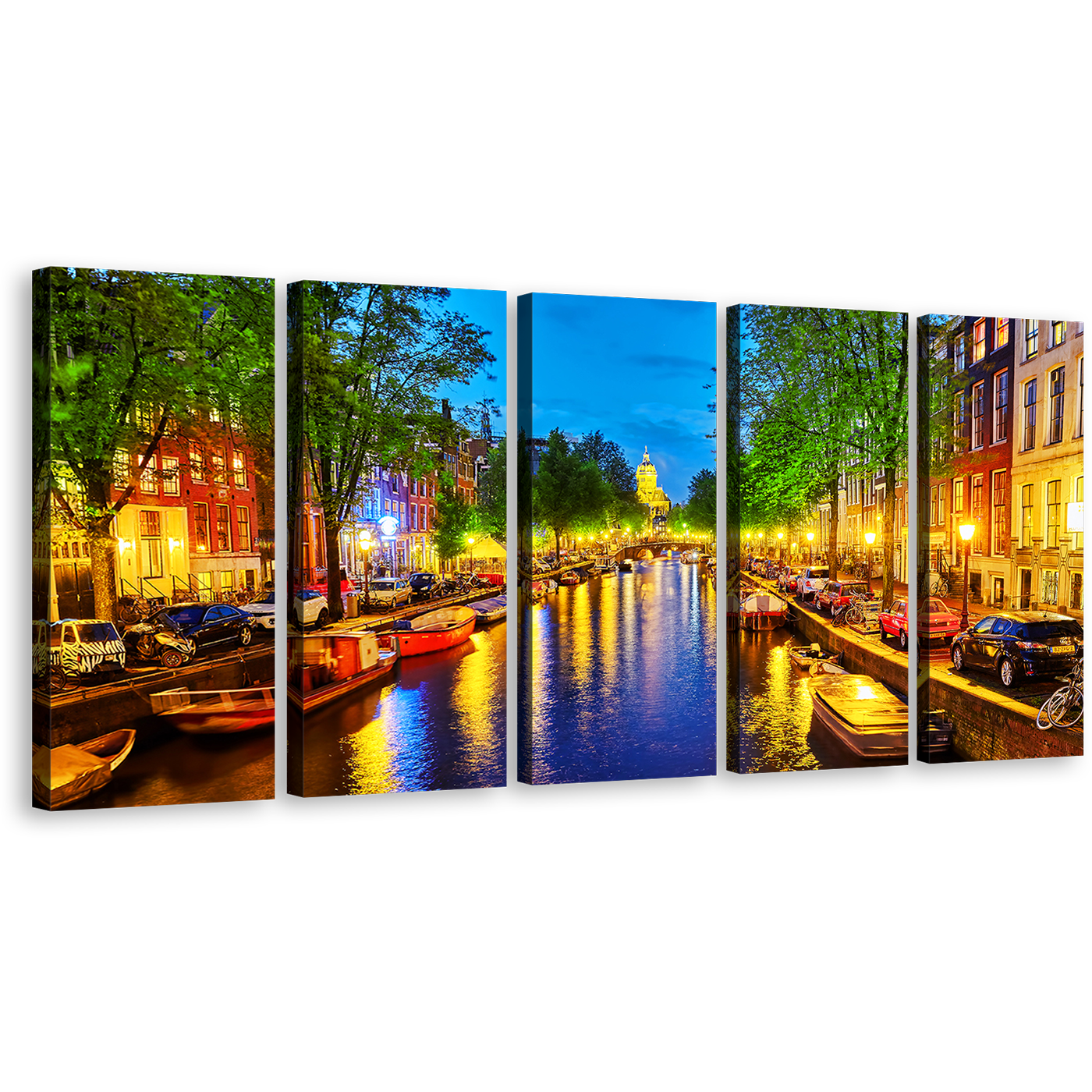 Amsterdam City Canvas Wall Art, Beautiful Netherlands Harbor Reflection 5 Piece Canvas Print, Colorful Evening Canal View Canvas Set