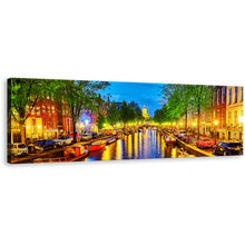 Load image into Gallery viewer, Amsterdam City Canvas Wall Art, Colorful Evening Canal View Panoramic Canvas Print, Beautiful Netherlands Harbor Reflection 1 Piece Canvas Artwork
