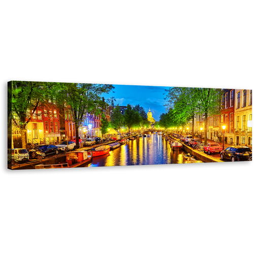 Amsterdam City Canvas Wall Art, Colorful Evening Canal View Panoramic Canvas Print, Beautiful Netherlands Harbor Reflection 1 Piece Canvas Artwork