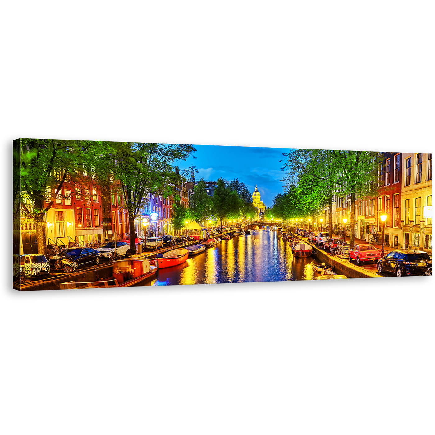 Amsterdam City Canvas Wall Art, Colorful Evening Canal View Panoramic Canvas Print, Beautiful Netherlands Harbor Reflection 1 Piece Canvas Artwork