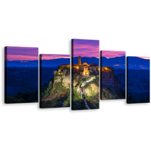 Load image into Gallery viewer, Ancient Castle Canvas Wall Art, Italy Blue Purple Cloudy Mountain 5 Piece Canvas Print, Civita di Bagnoregio Canvas Set
