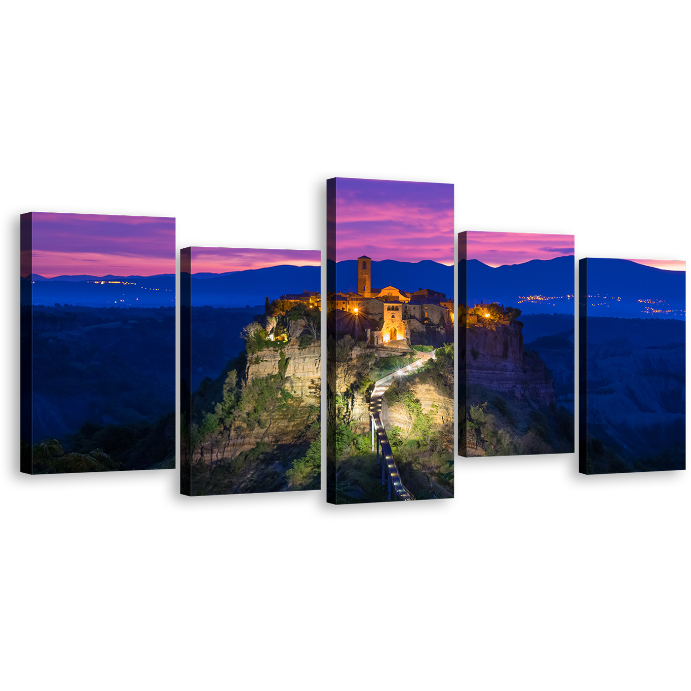 Ancient Castle Canvas Wall Art, Italy Blue Purple Cloudy Mountain 5 Piece Canvas Print, Civita di Bagnoregio Canvas Set