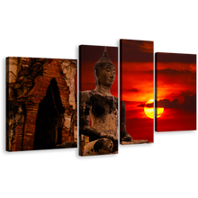 Load image into Gallery viewer, Ancient Temple Canvas Wall Art, Cloudy Red Sky Thailand Buddha 4 Piece Canvas, Old Brown Buddha Statue Canvas Print
