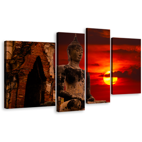 Ancient Temple Canvas Wall Art, Cloudy Red Sky Thailand Buddha 4 Piece Canvas, Old Brown Buddha Statue Canvas Print