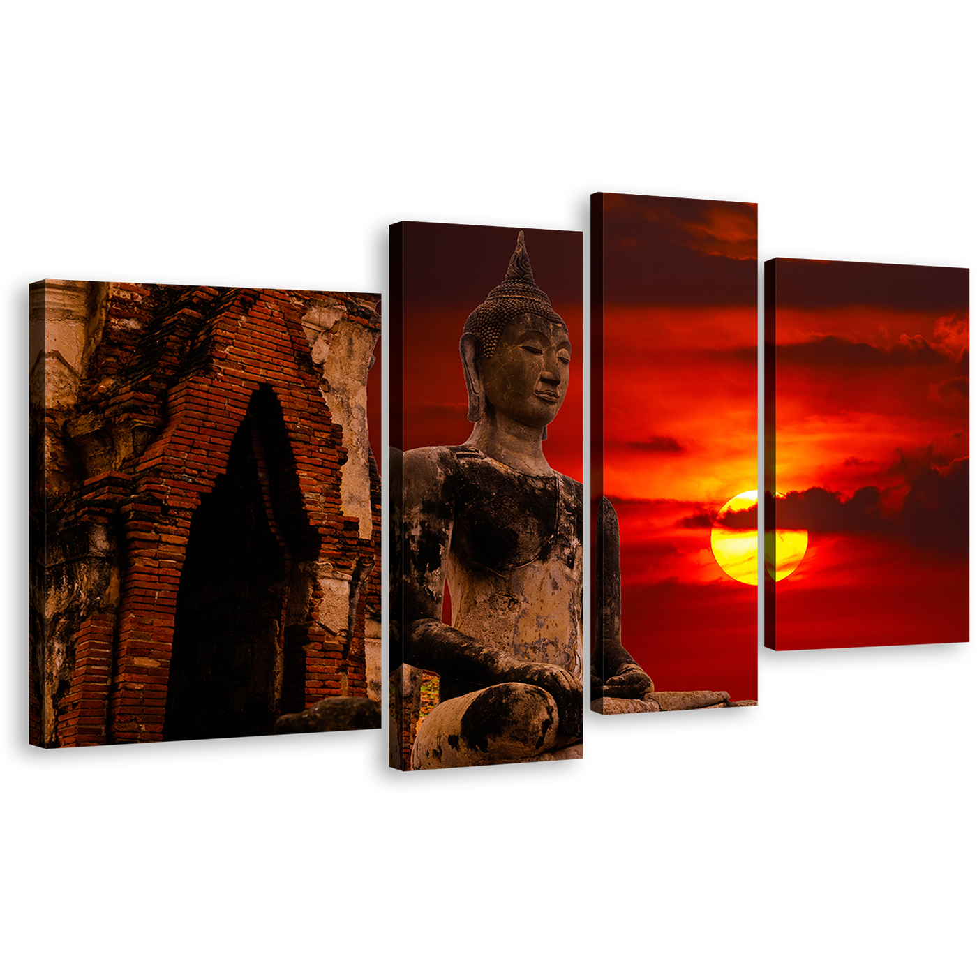 Ancient Temple Canvas Wall Art, Cloudy Red Sky Thailand Buddha 4 Piece Canvas, Old Brown Buddha Statue Canvas Print